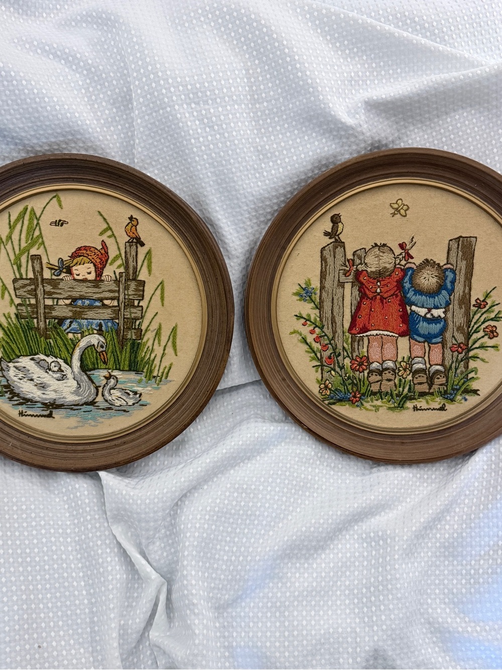 Vintage Large 14” Hummel Crewel Embroidery Framed Art Pair